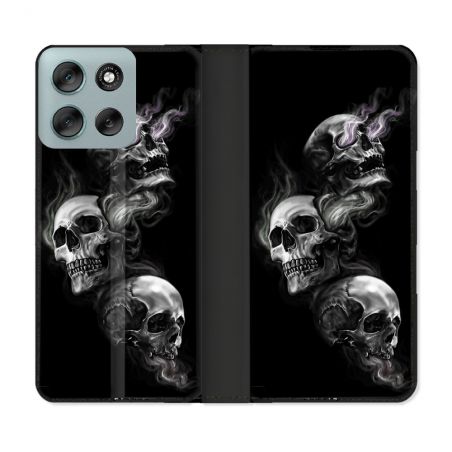 Housse cuir portefeuille Pour Motorola G56 5G Tete de Mort Triple