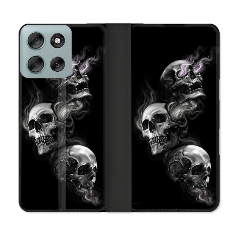 Housse cuir portefeuille Pour Motorola G56 5G Tete de Mort Triple
