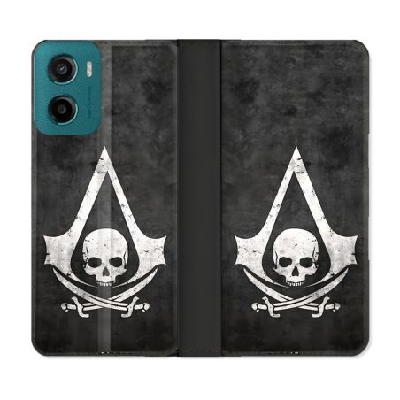 Housse cuir portefeuille Pour Motorola G05 / E15 Assassin Creed Tete Mort