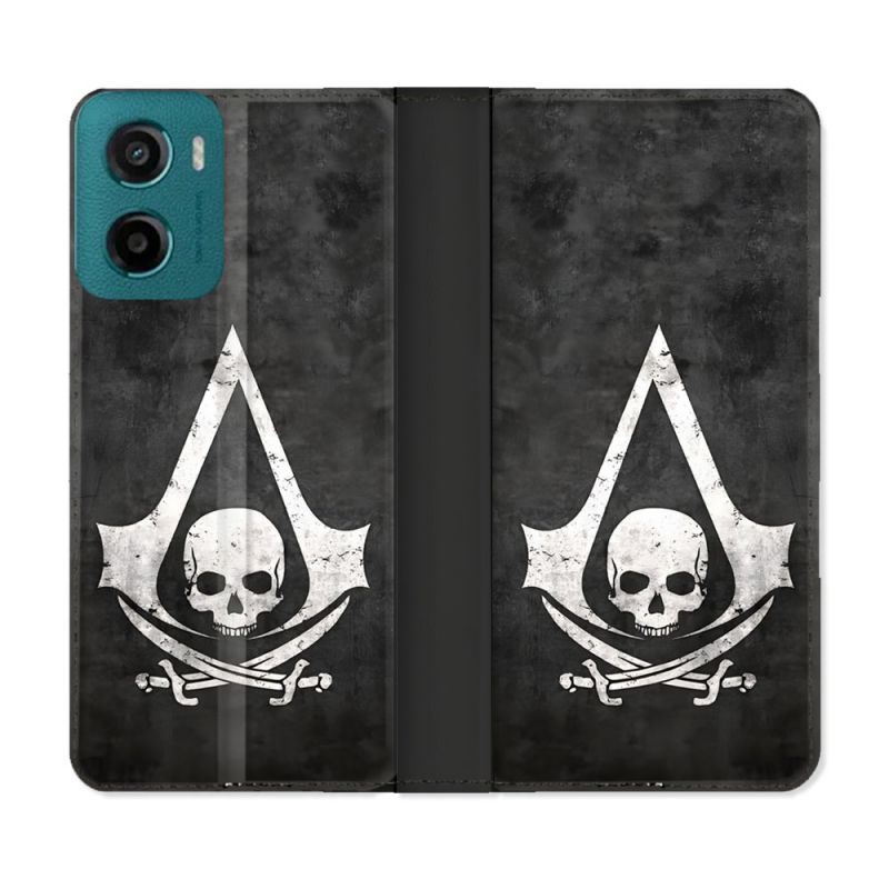 Housse cuir portefeuille Pour Motorola G05 / E15 Assassin Creed Tete Mort