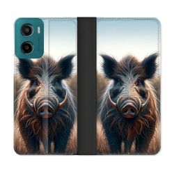 Housse cuir portefeuille Pour Motorola G05 / E15 Chasse Sanglier Attaque