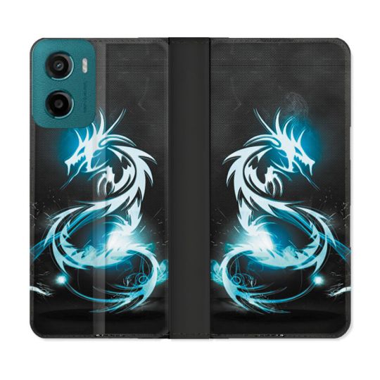Housse cuir portefeuille Pour Motorola G05 / E15 Fantastique Dragon Bleu