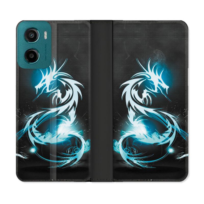 Housse cuir portefeuille Pour Motorola G05 / E15 Fantastique Dragon Bleu