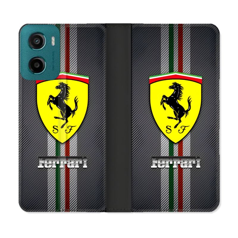 Housse cuir portefeuille Pour Motorola G05 / E15 Ferrari Carbone