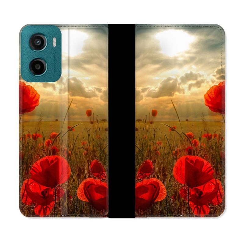 Housse cuir portefeuille Pour Motorola G05 / E15 Fleur Coquelicot