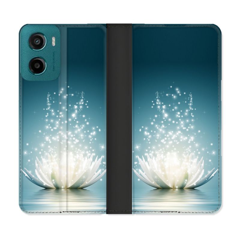 Housse cuir portefeuille Pour Motorola G05 / E15 Fleur Lotus Blanc