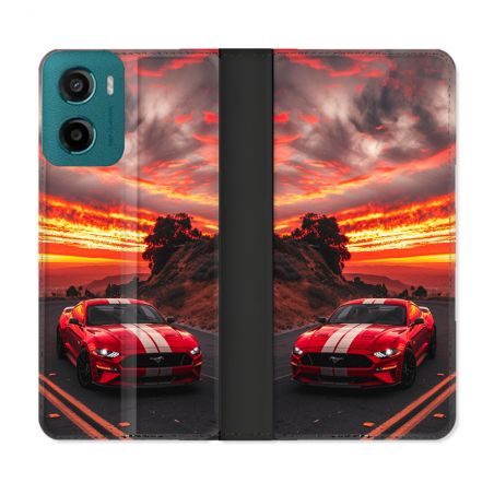 Housse cuir portefeuille Pour Motorola G05 / E15 Ford Mustang GT500 Rouge