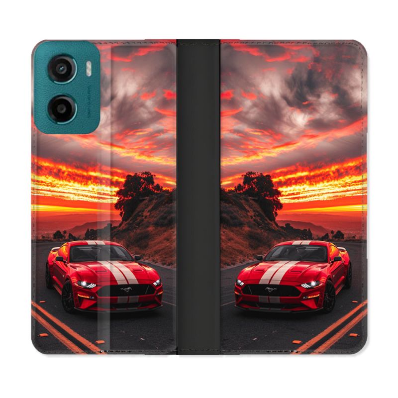 Housse cuir portefeuille Pour Motorola G05 / E15 Ford Mustang GT500 Rouge
