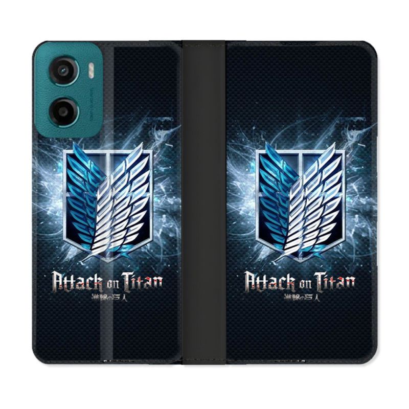 Housse cuir portefeuille Pour Motorola G05 / E15 Manga Attaque Titans Noir