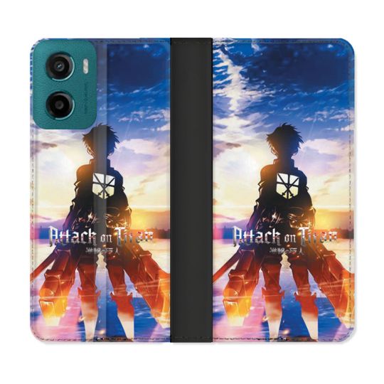 Housse cuir portefeuille Pour Motorola G05 / E15 Manga Attaque Titans Soleil