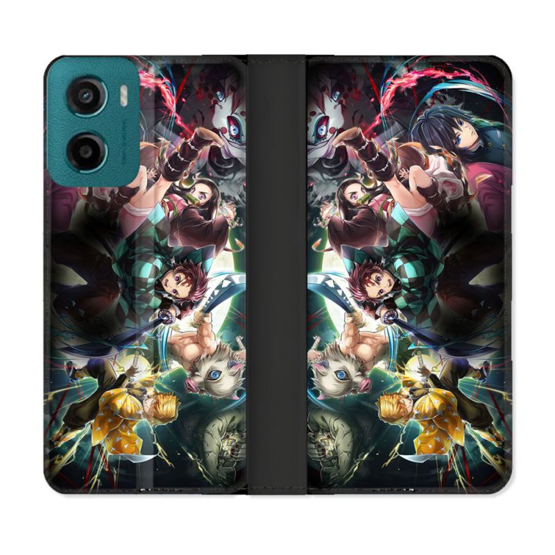 Housse cuir portefeuille Pour Motorola G05 / E15 Manga Demon Slayer Groupe