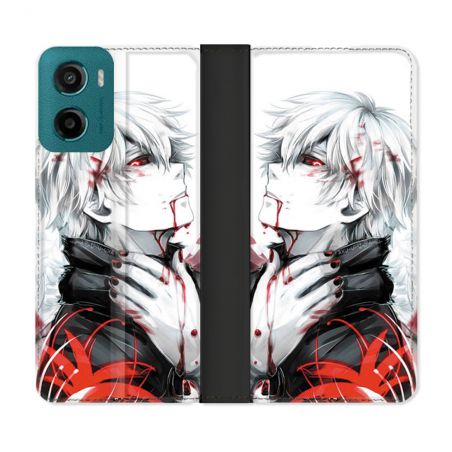 Housse cuir portefeuille Pour Motorola G05 / E15 Manga Tokyo Ghoul Kaneki Blanc