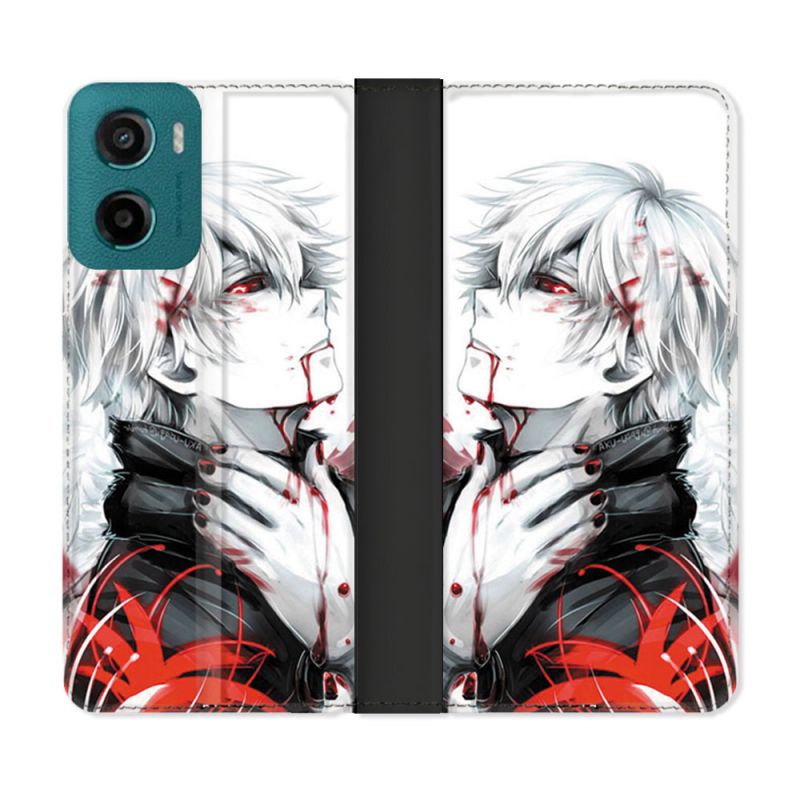 Housse cuir portefeuille Pour Motorola G05 / E15 Manga Tokyo Ghoul Kaneki Blanc