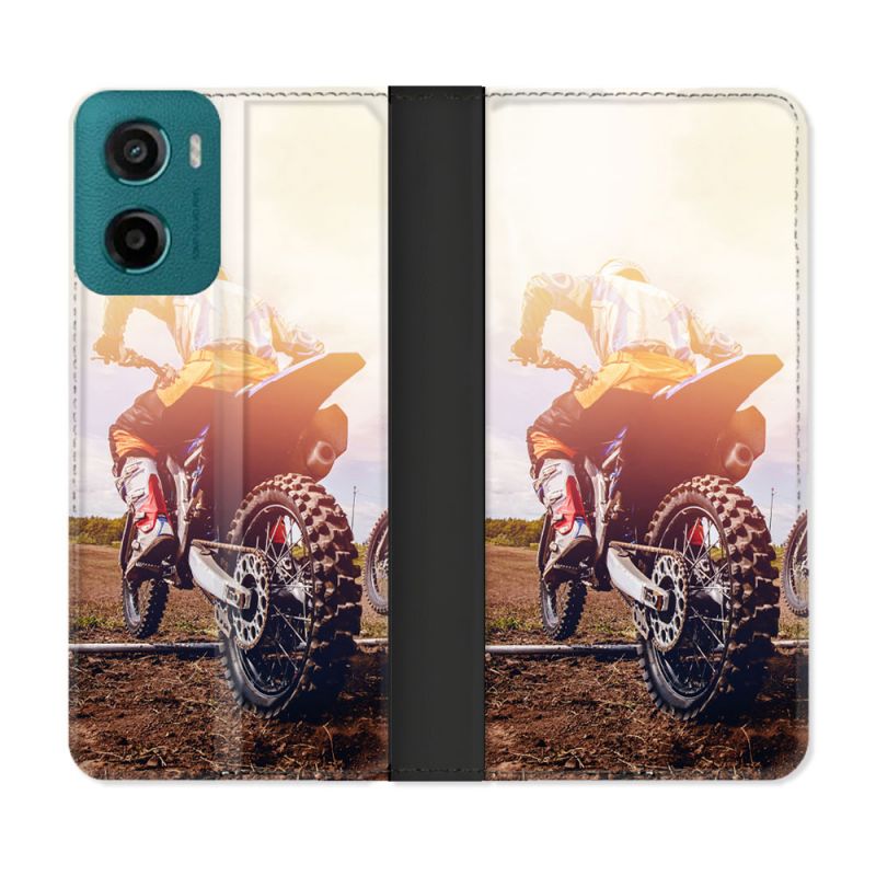 Housse cuir portefeuille Pour Motorola G05 / E15 Moto Cross Soleil