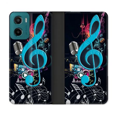 Housse cuir portefeuille Pour Motorola G05 / E15 Musique Cle Sol Bleu