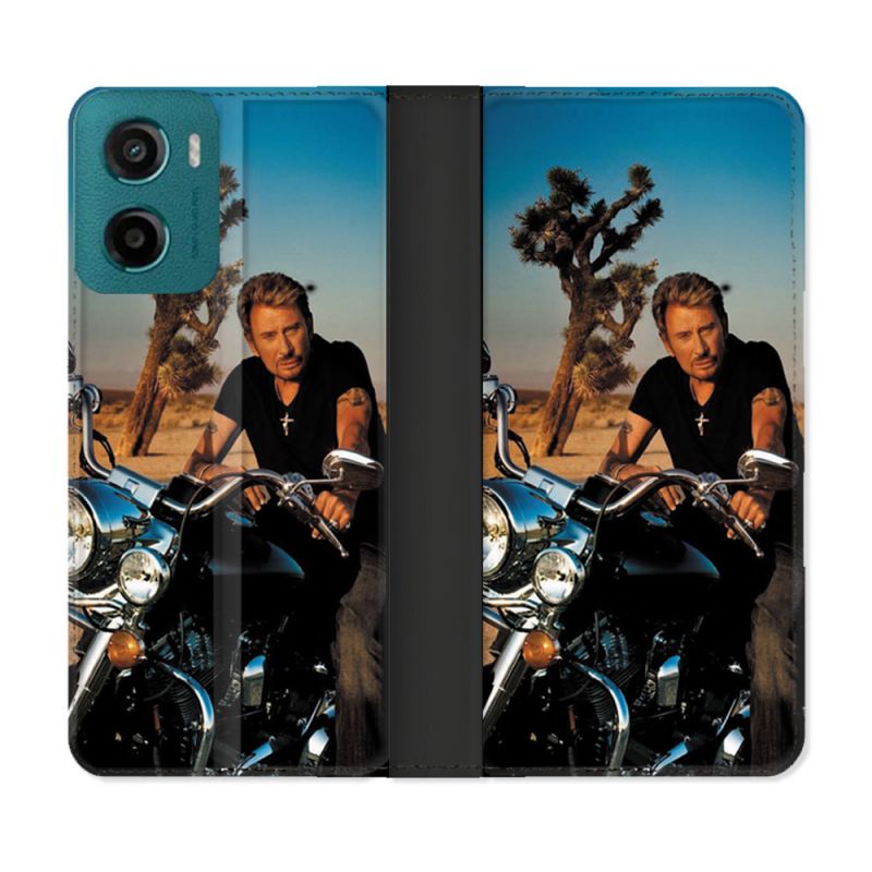 Housse cuir portefeuille Pour Motorola G05 / E15 Musique Johnny Hallyday Moto
