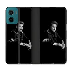 Housse cuir portefeuille Pour Motorola G05 / E15 Musique Johnny Hallyday Noir