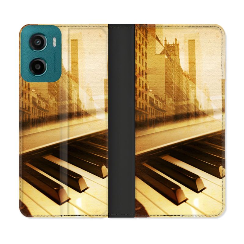 Housse cuir portefeuille Pour Motorola G05 / E15 Musique Piano Retro