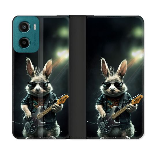 Housse cuir portefeuille Pour Motorola G05 / E15 Musique Rock Lapin