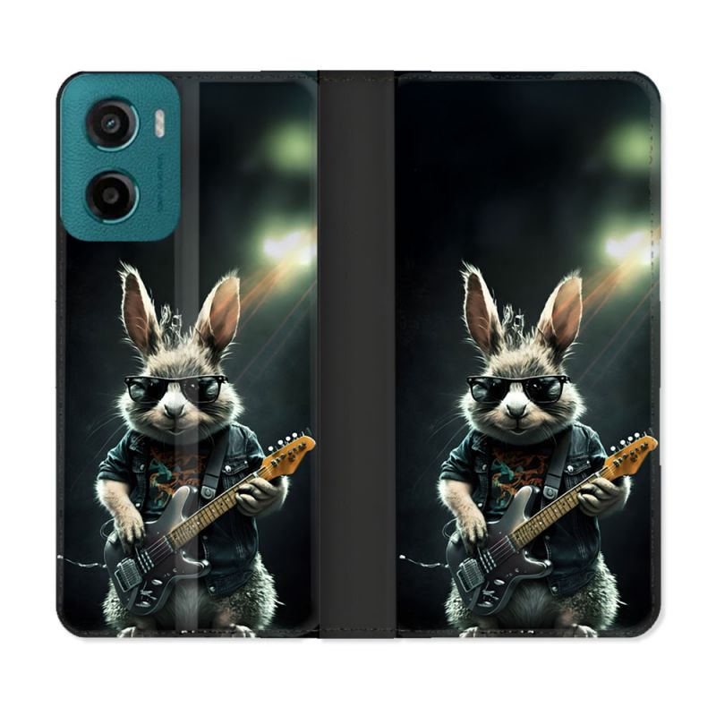 Housse cuir portefeuille Pour Motorola G05 / E15 Musique Rock Lapin