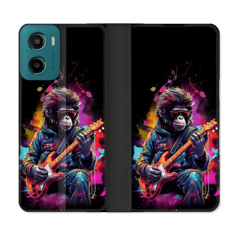 Housse cuir portefeuille Pour Motorola G05 / E15 Musique Rock Singe