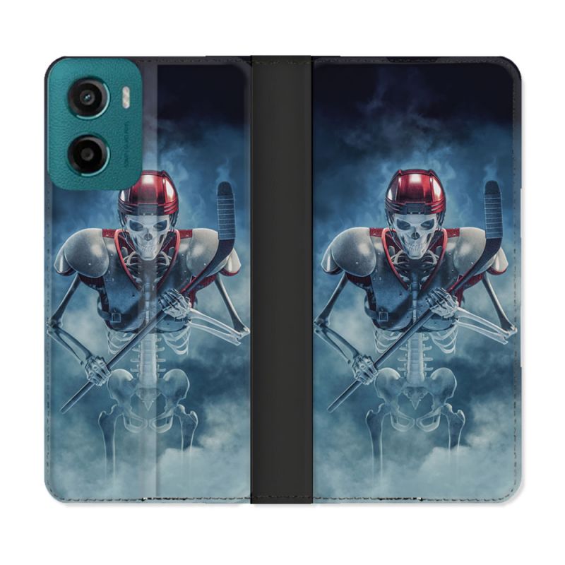 Housse cuir portefeuille Pour Motorola G05 / E15 Sport Hockey Squelette