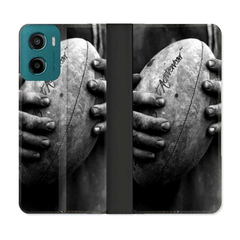 Housse cuir portefeuille Pour Motorola G05 / E15 Sport Rugby Ballon Vintage