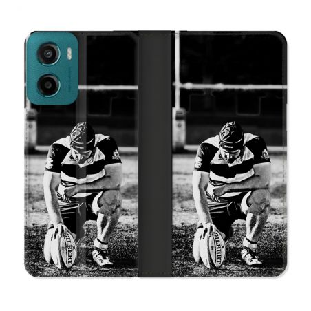 Housse cuir portefeuille Pour Motorola G05 / E15 Sport Rugby Noir Blanc