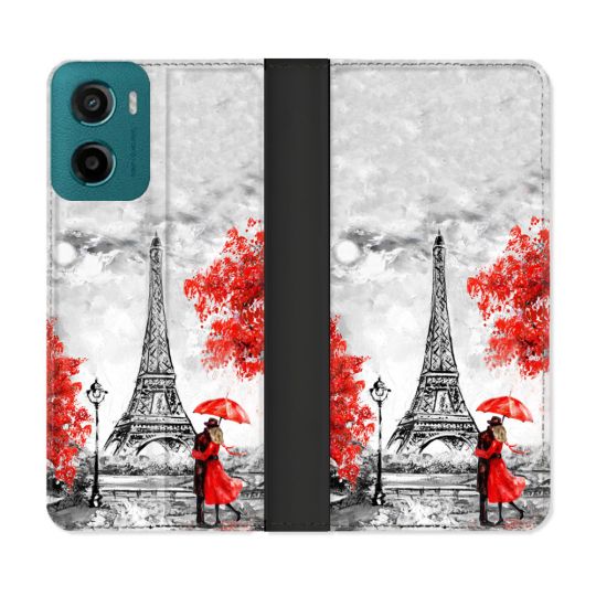 Housse cuir portefeuille Pour Motorola G05 / E15 Voyage France Paris Rouge