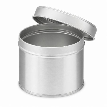 100 Boites Métal Rondes Argentées Personnalisées 77x65mm 250ml
