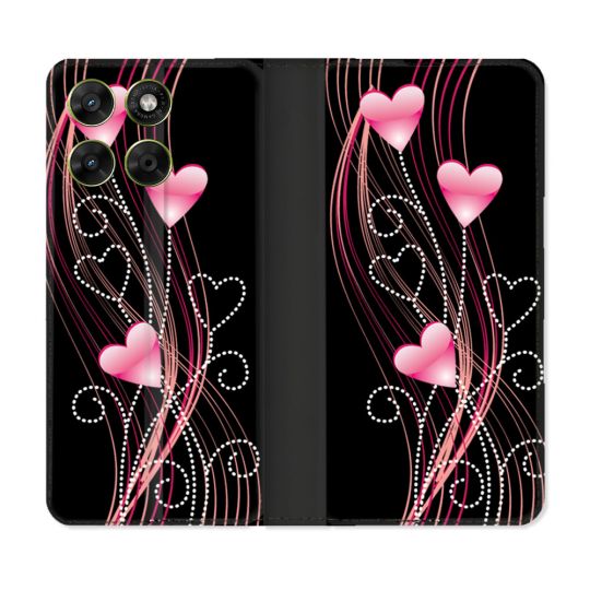 Housse Cuir Portefeuille Pour Motorola Moto G37 / G37 Power / G47 Amour Coeur Rose Montant sur Noir