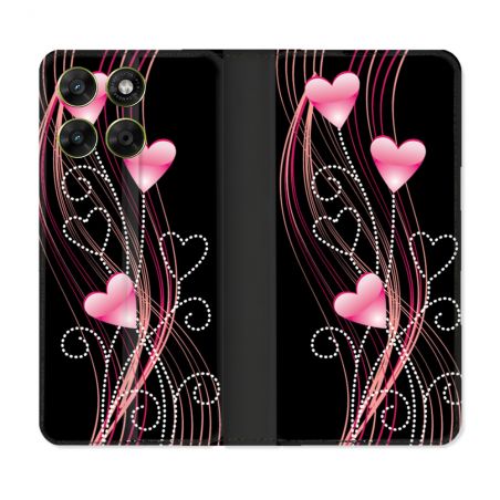 Housse Cuir Portefeuille Pour Motorola Moto G37 / G37 Power / G47 Amour Coeur Rose Montant sur Noir