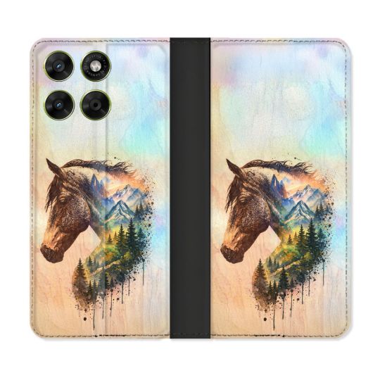 Housse Cuir Portefeuille Pour Motorola Moto G17 / G17 Power Animal Cheval Montagne