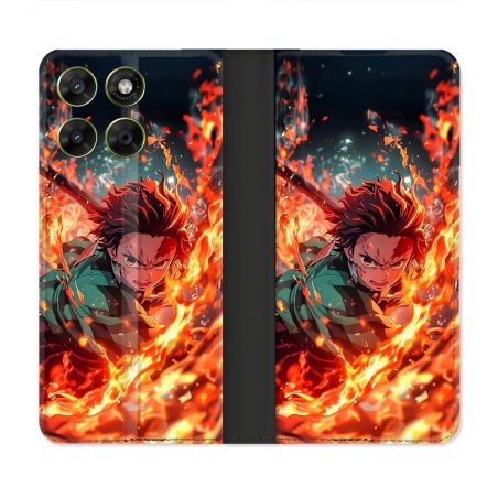 Housse Cuir Portefeuille Pour Motorola Moto G37 / G37 Power / G47 Manga Demon Slayer Tanjiro Feu