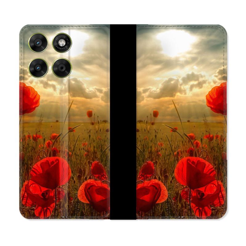 Housse Cuir Portefeuille Pour Motorola Moto G17 / G17 Power Fleur Coquelicot
