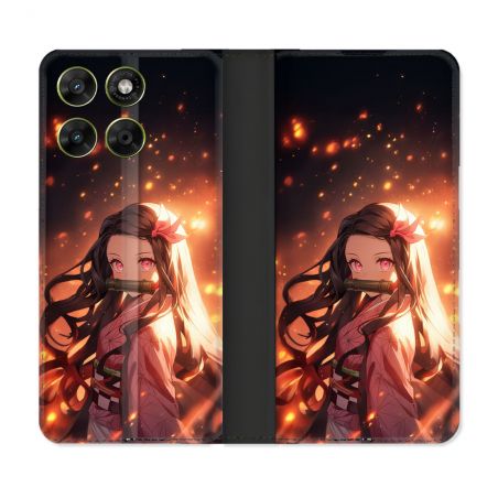 Housse Cuir Portefeuille Pour Motorola Moto G17 / G17 Power Manga Demon Slayer Nezuko Rose