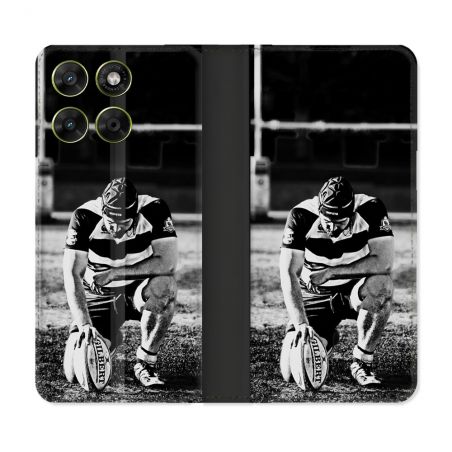 Housse Cuir Portefeuille Pour Motorola Moto G17 / G17 Power Sport Rugby Noir Blanc