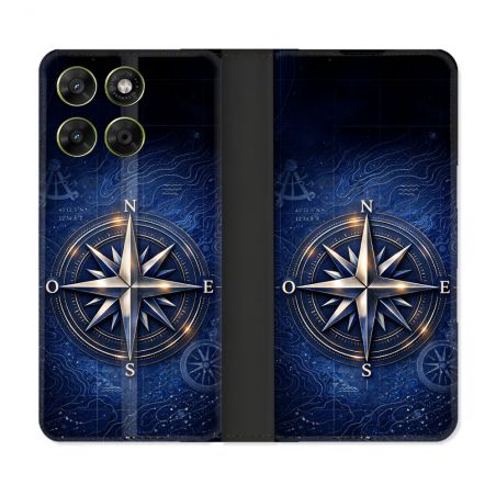 Housse Cuir Portefeuille Pour Motorola Moto G17 / G17 Power Voyage Rose des Vents Marine