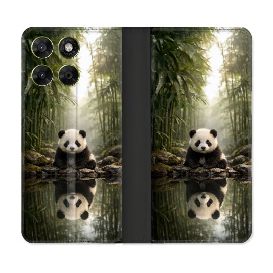 Housse Cuir Portefeuille Pour Motorola Moto G67 / G77 / G87 Animal Panda Reflet