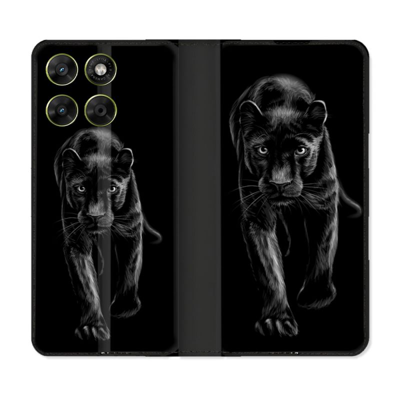Housse Cuir Portefeuille Pour Motorola Moto G67 / G77 / G87 Animal Panthère Noire