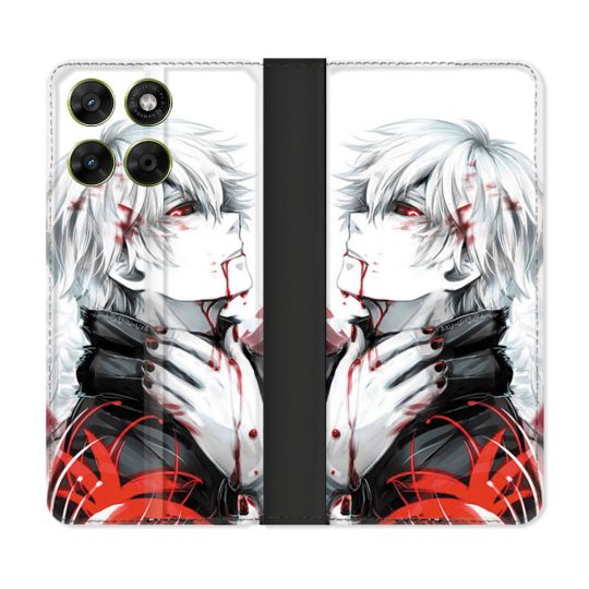 Housse Cuir Portefeuille Pour Motorola Moto G67 / G77 / G87 Manga Tokyo Ghoul Kaneki Blanc