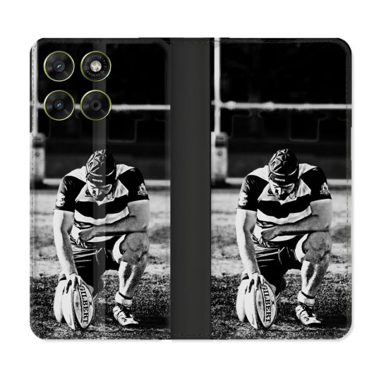 Housse Cuir Portefeuille Pour Motorola Moto G67 / G77 / G87 Sport Rugby Noir Blanc