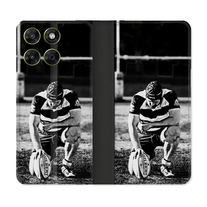 Housse Cuir Portefeuille Pour Motorola Moto G67 / G77 / G87 Sport Rugby Noir Blanc
