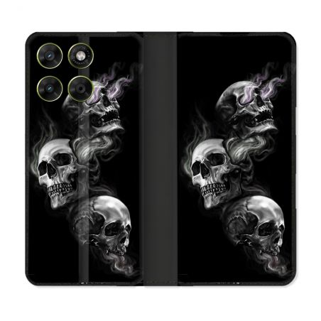Housse Cuir Portefeuille Pour Motorola Moto G67 / G77 / G87 Tete de Mort Triple