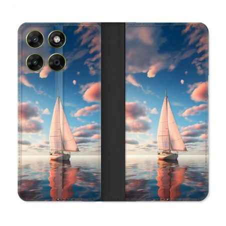 Housse Cuir Portefeuille Pour Motorola Moto G67 / G77 / G87 Voyage Voilier Reflet