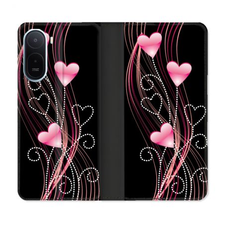 Housse Cuir Portefeuille Pour Xiaomi Redmi A7 Pro Amour Coeur Rose Montant sur Noir