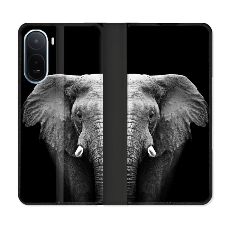 Housse Cuir Portefeuille Pour Xiaomi Redmi A7 Pro Animal Elephant Noir