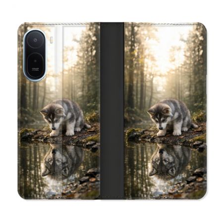 Housse Cuir Portefeuille Pour Xiaomi Redmi A7 Pro Animal Loup Reflet