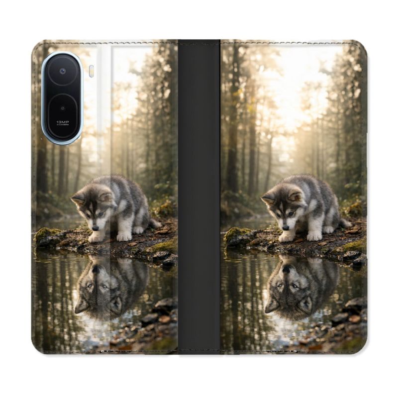 Housse Cuir Portefeuille Pour Xiaomi Redmi A7 Pro Animal Loup Reflet