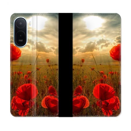 Housse Cuir Portefeuille Pour Xiaomi Redmi A7 Pro Fleur Coquelicot